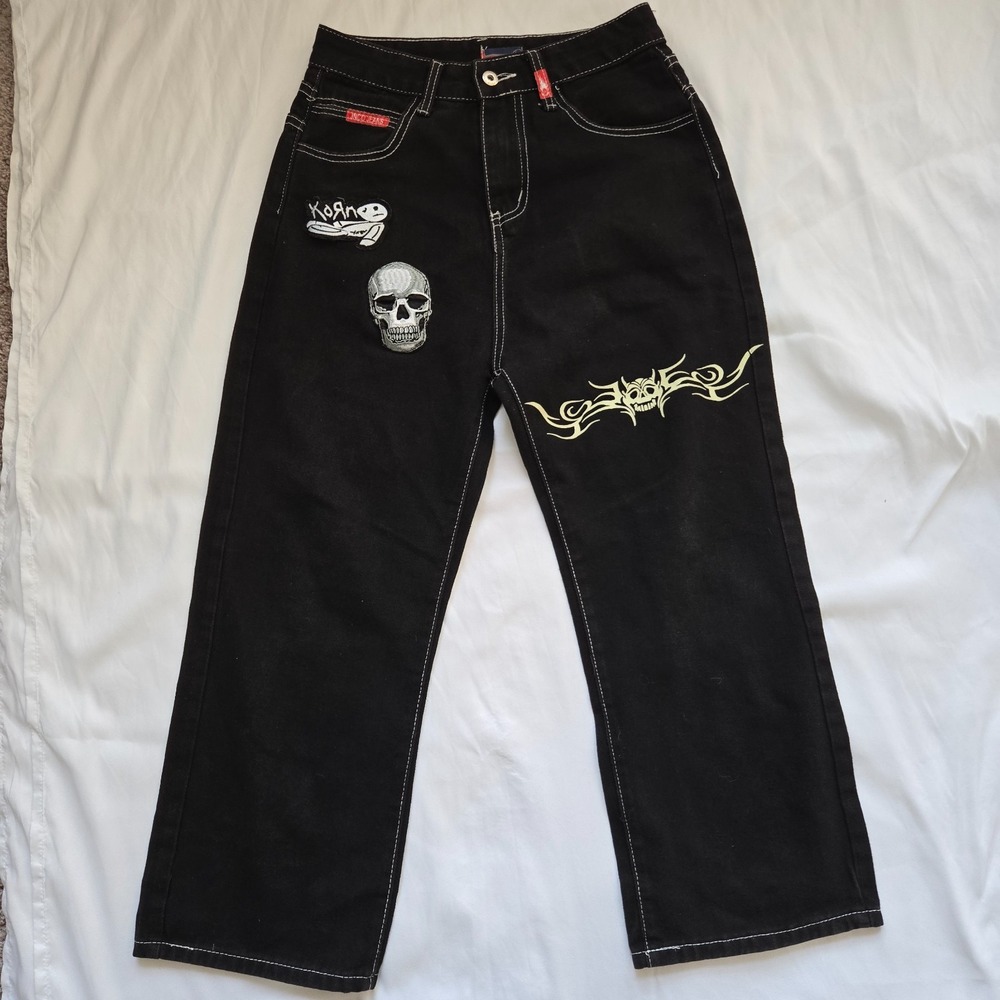 JNCO Jeans Womens 30 Waist 23 1/2 Inseam Black Korn Logo Skull Tribal